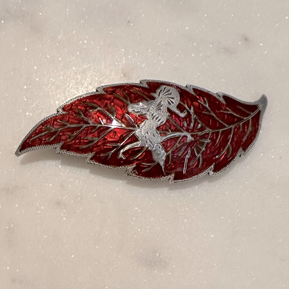 Vintage Siam Sterling Silver and Red Enamel Dancer on Leaf Pin